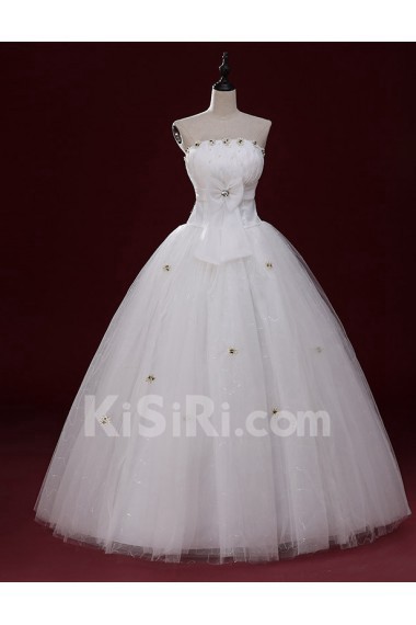 Lace Strapless Floor Length Sleeveless Ball Gown Dress with Handmade Flowers, Bow