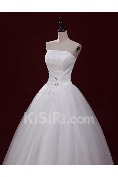 Lace, Tulle Strapless Floor Length Sleeveless Ball Gown Dress with Handmade Flowers, Rhinestone