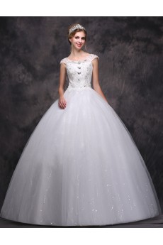 Lace, Satin, Tulle Scoop Floor Length Cap Sleeve Ball Gown Dress with Rhinestone, Sequins