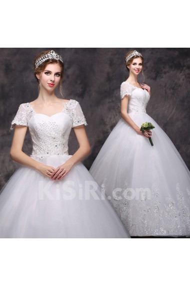 Lace Square Floor Length Cap Sleeve Ball Gown Dress with Sequins