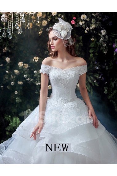 Organza, Tulle, Lace Off-the-Shoulder Floor Length Ball Gown Dress