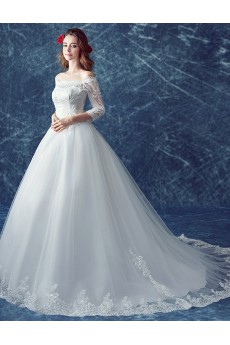 Tulle, Lace Off-the-Shoulder Sweep Train Three-quarter Ball Gown Dress with Sequins