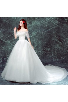 Organza Off-the-Shoulder Chapel Train Half Sleeve Ball Gown Dress with Sequins