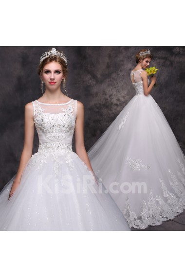 Lace Scoop Chapel Train Sleeveless Ball Gown Dress with Beads
