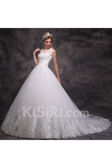 Lace Scoop Chapel Train Sleeveless Ball Gown Dress with Beads