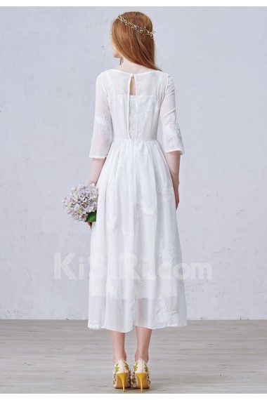 Chiffon Scoop Tea-Length Three-quarter A-line Dress with Flower