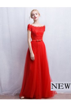 Tulle, Lace Off-the-Shoulder Floor Length Cap Sleeve A-line Dress with Bow