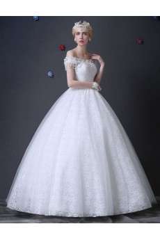 Lace Off-the-Shoulder Floor Length Ball Gown Dress with Pearl