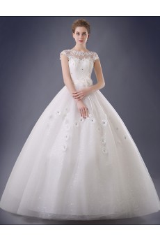 Lace, Organza Scoop Floor Length Cap Sleeve Ball Gown Dress with Handmade Flowers