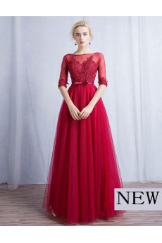 Tulle, Lace Bateau Floor Length Half Sleeve A-line Dress with Bow