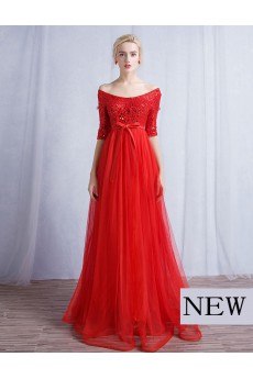 Tulle, Lace Off-the-Shoulder Floor Length Half Sleeve A-line Dress with Sash
