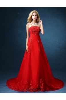 Organza Strapless Chapel Train Sleeveless A-line Dress with Lace, Sequins, Rhinestone