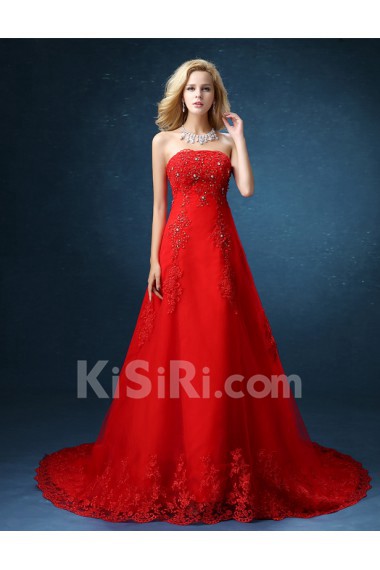 Organza Strapless Chapel Train Sleeveless A-line Dress with Lace, Sequins, Rhinestone