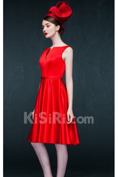 Satin V-neck Knee-Length Sleeveless A-line Dress with Bow
