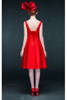 Satin V-neck Knee-Length Sleeveless A-line Dress with Bow