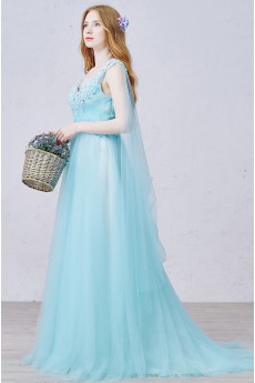 Lace, Tulle V-neck Sweep Train Sleeveless A-line Dress with Bead