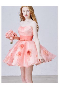 Tulle Strapless Mini/Short Sleeveless Ball Gown Dress with Handmade Flowers, Bow