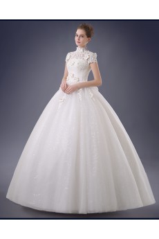 Lace, Organza High Collar Floor Length Cap Sleeve Ball Gown Dress with Handmade Flowers