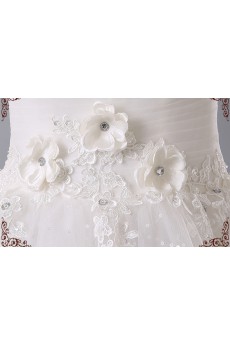 Lace, Organza High Collar Floor Length Cap Sleeve Ball Gown Dress with Handmade Flowers