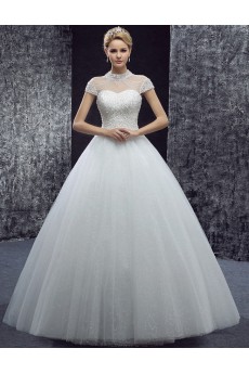Tulle Halter Floor Length Cap Sleeve Ball Gown Dress with Sequins, Beads