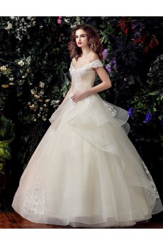 Satin, Organza, Tulle, Lace Off-the-Shoulder Floor Length Short Sleeve Ball Gown Dress with Handmade Flowers