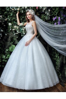Tulle, Lace, Satin Scoop Floor Length Sleeveless Ball Gown Dress with Handmade Flowers