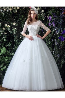 Tulle, Lace Scoop Floor Length Half Sleeve Ball Gown Dress with Handmade Flowers, Bow