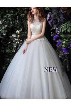 Tulle, Lace High Collar Floor Length Sleeveless Ball Gown Dress with Sequins