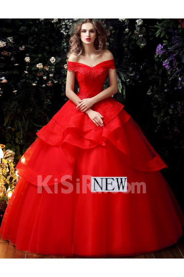 Tulle, Lace Off-the-Shoulder Floor Length Ball Gown Dress