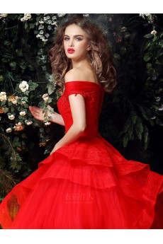 Tulle, Lace Off-the-Shoulder Floor Length Ball Gown Dress
