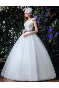 Tulle, Lace, Satin One-shoulder Floor Length Sleeveless Ball Gown Dress with Handmade Flowers