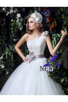 Tulle, Lace, Satin One-shoulder Floor Length Sleeveless Ball Gown Dress with Handmade Flowers