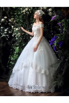 Tulle, Lace, Satin Off-the-Shoulder Floor Length Ball Gown Dress with Rhinestone