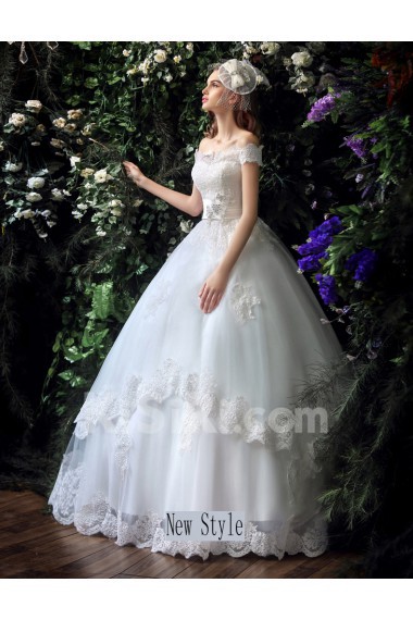 Tulle, Lace, Satin Off-the-Shoulder Floor Length Ball Gown Dress with Rhinestone