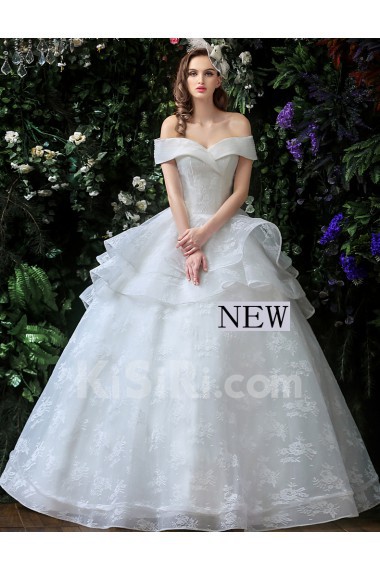 Tulle, Lace Off-the-Shoulder Floor Length Ball Gown Dress with Embroidered