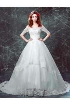 Tulle, Lace Off-the-Shoulder Sweep Train Half Sleeve Ball Gown Dress with Sequins