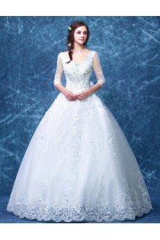 Organza V-neck Floor Length Three-quarter Ball Gown Dress with Rhinestone, Sequins