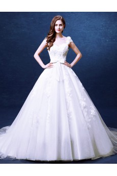 Lace, Organza V-neck Chapel Train Cap Sleeve Ball Gown Dress with Bow