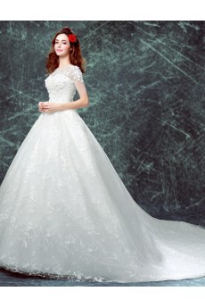 Organza, Lace Jewel Chapel Train Short Sleeve Ball Gown Dress with Embroidered