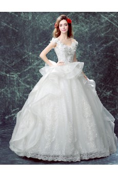 Lace, Organza Off-the-Shoulder Floor Length Ball Gown Dress with Rhinestone