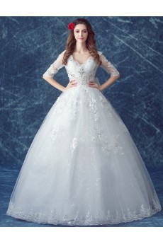 Tulle V-neck Floor Length Half Sleeve Ball Gown Dress with Sequins, Bow