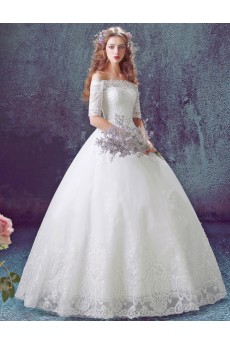 Lace, Organza Off-the-Shoulder Floor Length Half Sleeve Ball Gown Dress with Embroidered