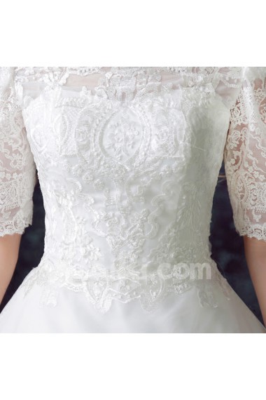 Lace, Organza Off-the-Shoulder Floor Length Half Sleeve Ball Gown Dress with Embroidered