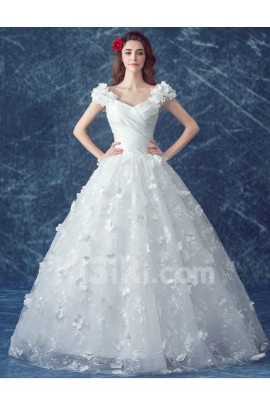 Tulle V-neck Floor Length Cap Sleeve Ball Gown Dress with Beads
