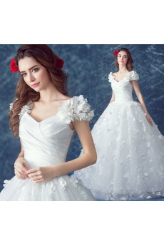 Tulle V-neck Floor Length Cap Sleeve Ball Gown Dress with Beads