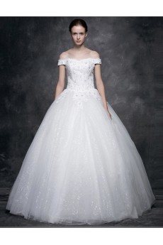 Lace, Satin, Tulle Off-the-Shoulder Floor Length Ball Gown Dress with Sequins