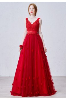 Lace, Satin, Tulle V-neck Floor Length Sleeveless A-line Dress with Bead, Handmade Flowers