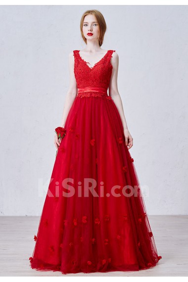 Lace, Satin, Tulle V-neck Floor Length Sleeveless A-line Dress with Bead, Handmade Flowers