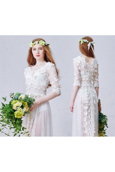 Lace V-neck Ankle-Length Half Sleeve A-line Dress with Handmade Flowers