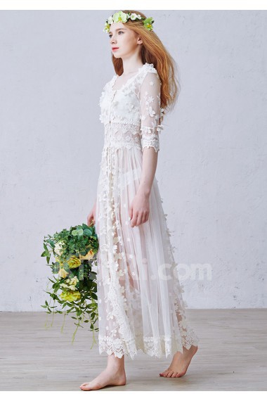 Lace V-neck Ankle-Length Half Sleeve A-line Dress with Handmade Flowers